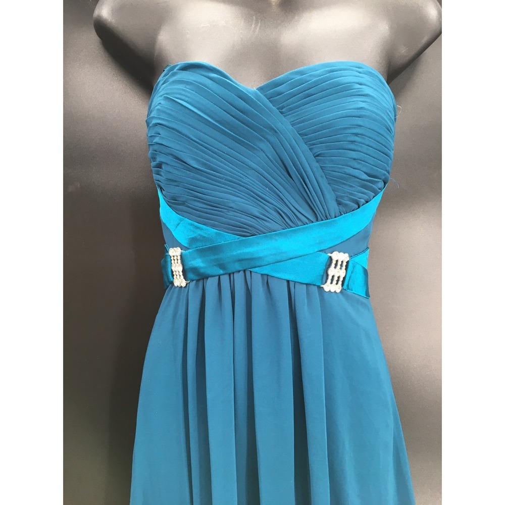 NB Bellissima Elegant Teal Evening Gown Prom Dress Cross Rhinestone Pattern Sz M - Picture 3 of 11